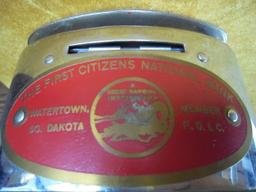 VINTAGE WATERTOWN SOUTH DAKOTA SAVINGS COIN BANK-EXCELLENT CONDITION-OVAL DESIGN WITH HANDLE