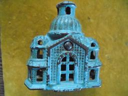 VINTAGE CAST IRON BUILDING "COIN BANK"-OLDER REPAINT"