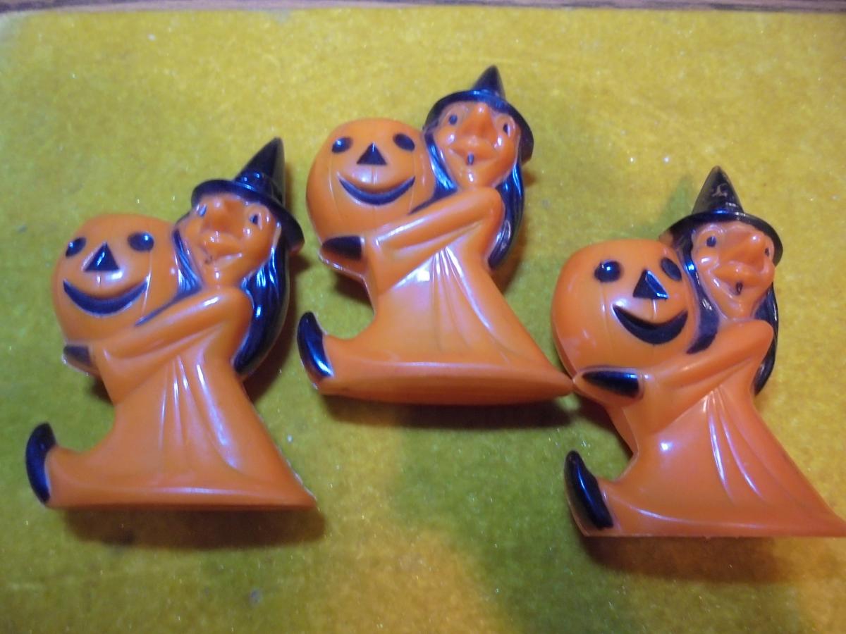 3 VINTAGE HARD PLASTIC HALLOWEEN CANDY HOLDERS