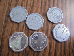 6 OLD DAIRY TOKENS FROM "BROWN DAIRY" GOOD FOR ONE FREE PINT OF MILK