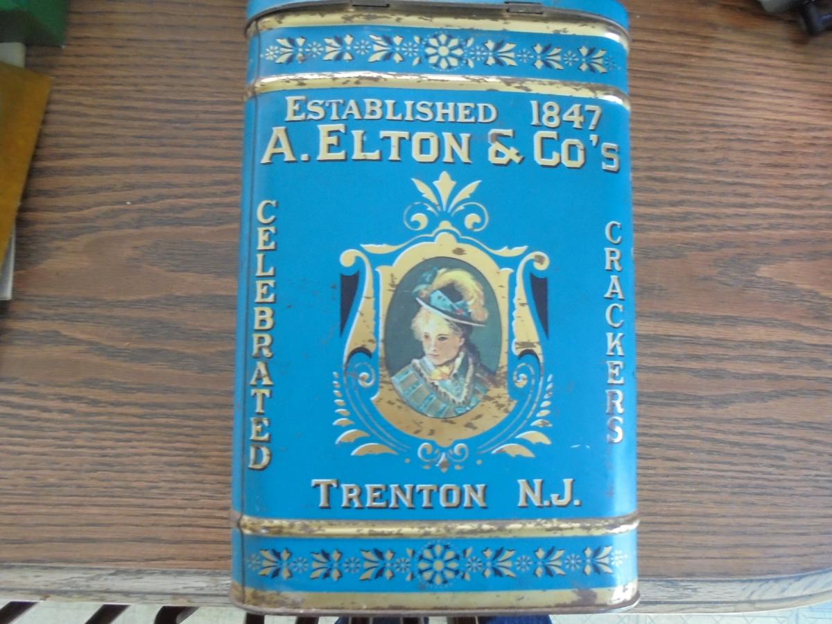 NEWER REMAKE "ELTON & CO" CRACKERS & FLOUR ADVERTISING TIN-GREAT SIZE AND FAIRLY NICE CONDITION