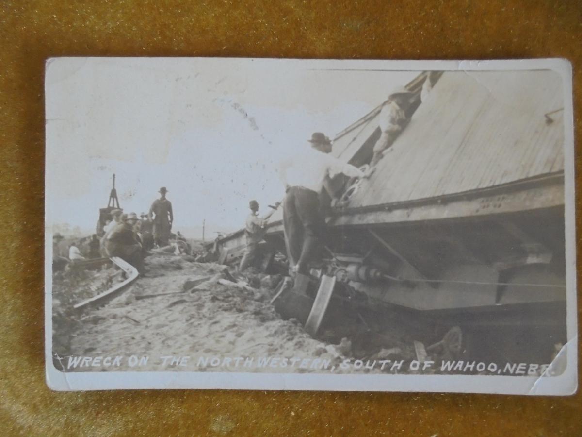 1913 POSTED REAL PHOTO POST CARD OF "NORTHWEST RAILROAD" WRECK-NEAR WAHOO NEBRASKA
