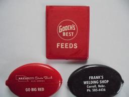 3 OLD ADVERTISING ITEMS--2 COIN HOLDERS AND ONE POCKET MIRROR WITH FEED ADVERTISING