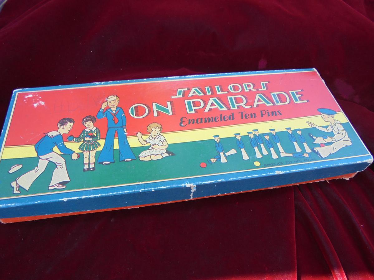 1920'S "SAILORS ON PARADE" TEN PINS GAME IN BOX-GREAT GRAPHICS AND ALMOST LOOKS NEVER USED