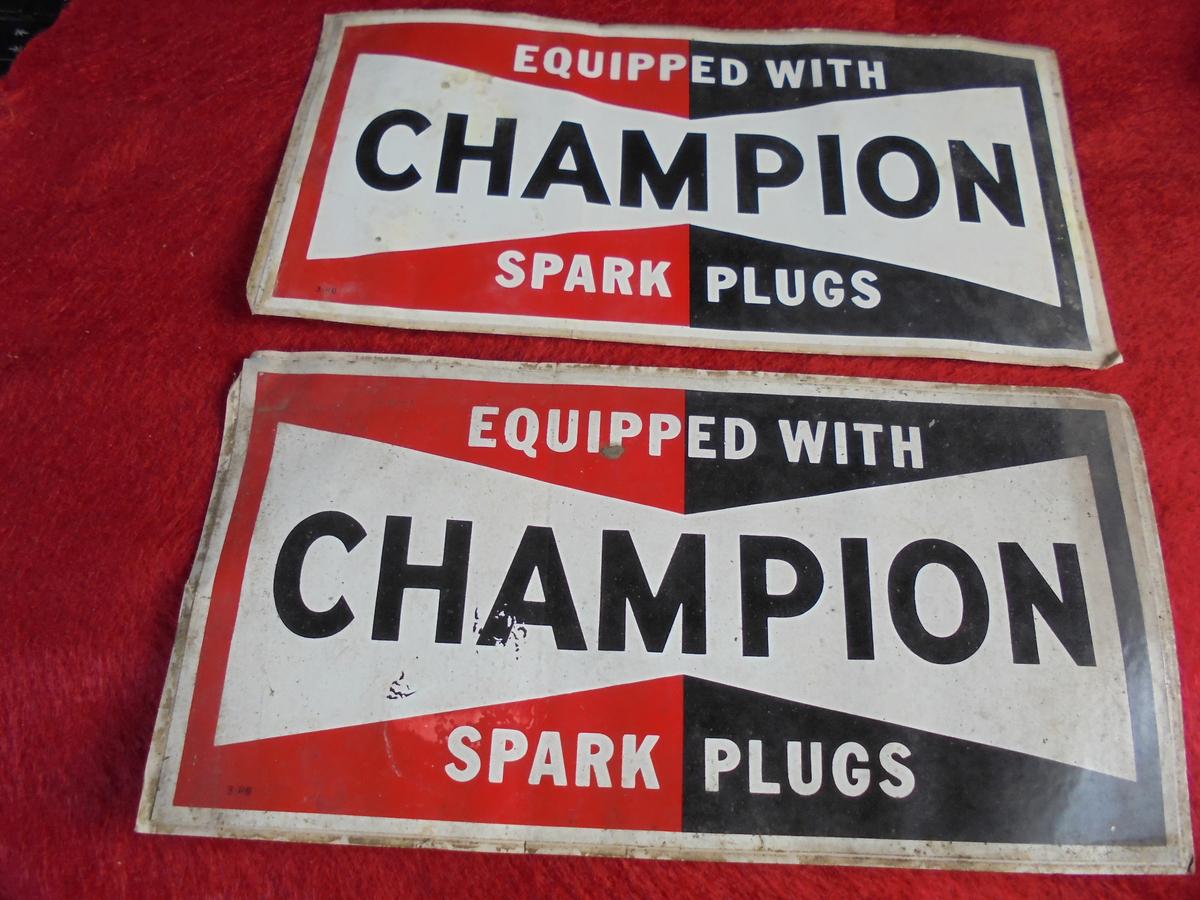 2 OLD "CHAMPION SPARK PLUG" SIGNS OR STICKERS