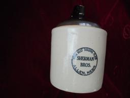 STUNNING OLD "SHERMAN BROS" ALLEN NEBRASKA ADVERTISING CROCK JUG-NEAR MINT