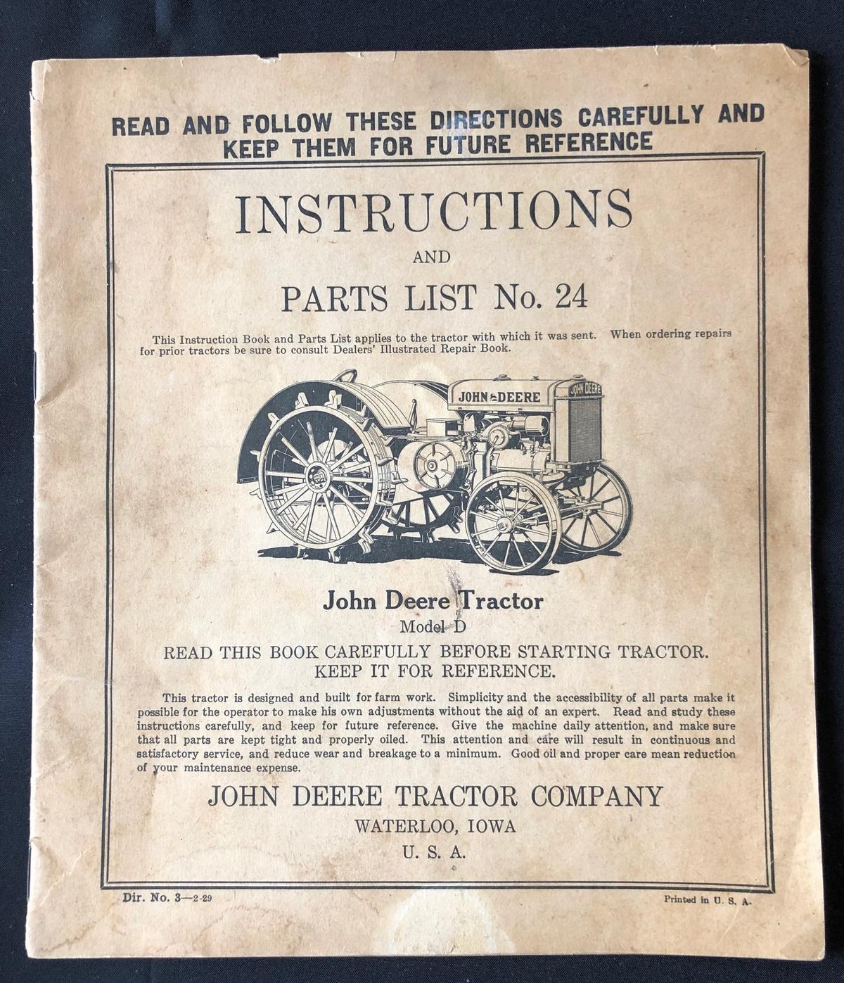 JOHN DEERE MODEL "D" INSTRUCTIONS AND PARTS LIST NO. 24