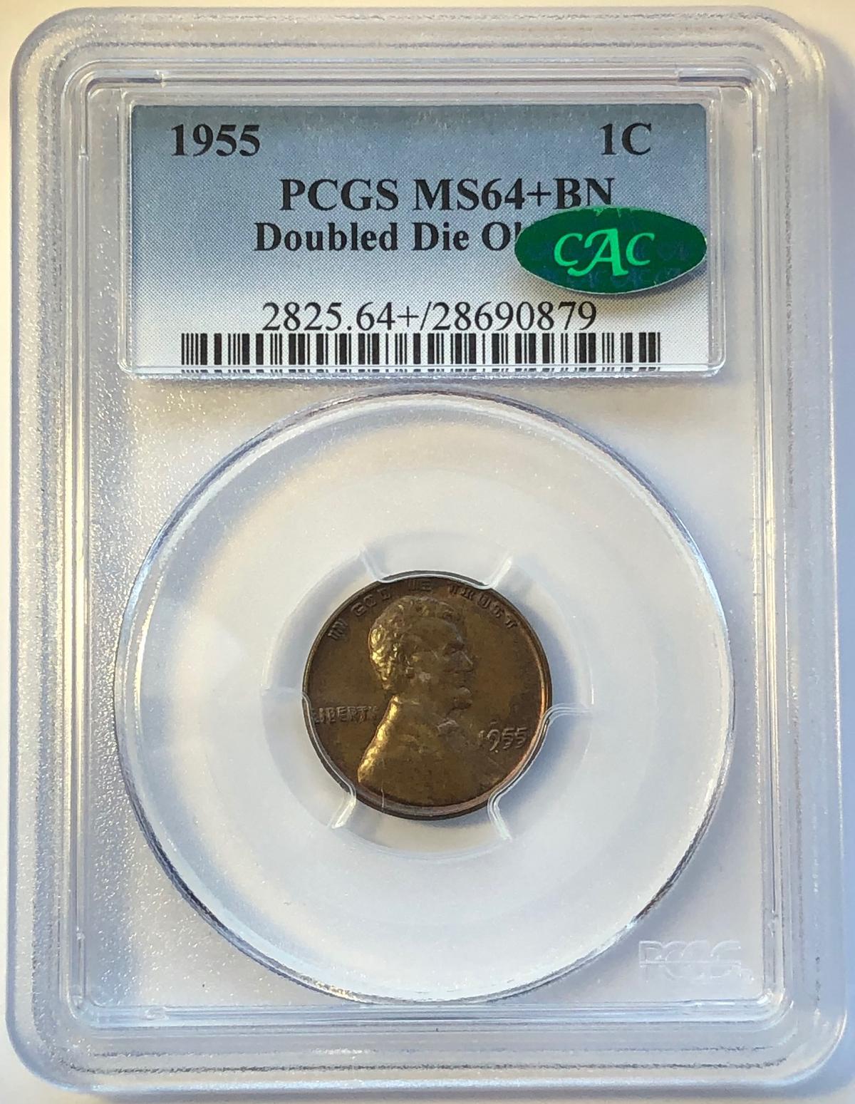 1955 DOUBLE DIE OBVERSE LINCOLN WHEAT CENT - PCGS MS64+BN CAC