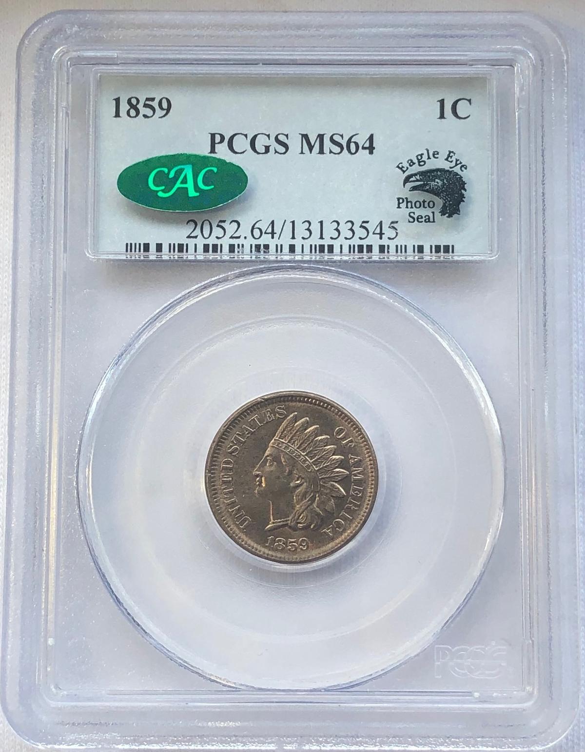 1859 INDIAN HEAD CENT - PCGS MS64 CAC & EAGLE EYE