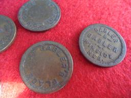 GROUP OF 5 OLD TRADE TOKENS-4 SAY "MEET AT GABLERS" BUT DOES NOT HAVE WINSIDE NEBRASKA