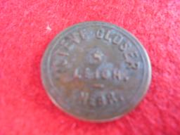 OLD BRASS 5 CENT TRADE TOKEN FROM "STEVE GLOSER"OF LEIGH NEBRASKA-NICE