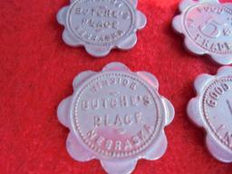 (5) ALUMINUM TRADE TOKENS FROM "BUTCHE'S PLACE" WINSIDE NEBRASKA