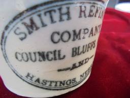 OLD "SMITH REFINING" COUNCIL BLUFFS IOWA & HASTINGS NEBRASKA ADVERTISING MINI STONEWARE JUG