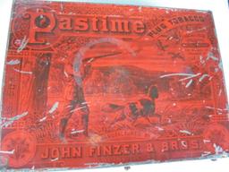 ANTIQUE ADVERTISING TIN BOX "PASTIME PLUG TOBACCO" STORE DISPLAY BOX-GREAT GRAPHICS AND COLOR