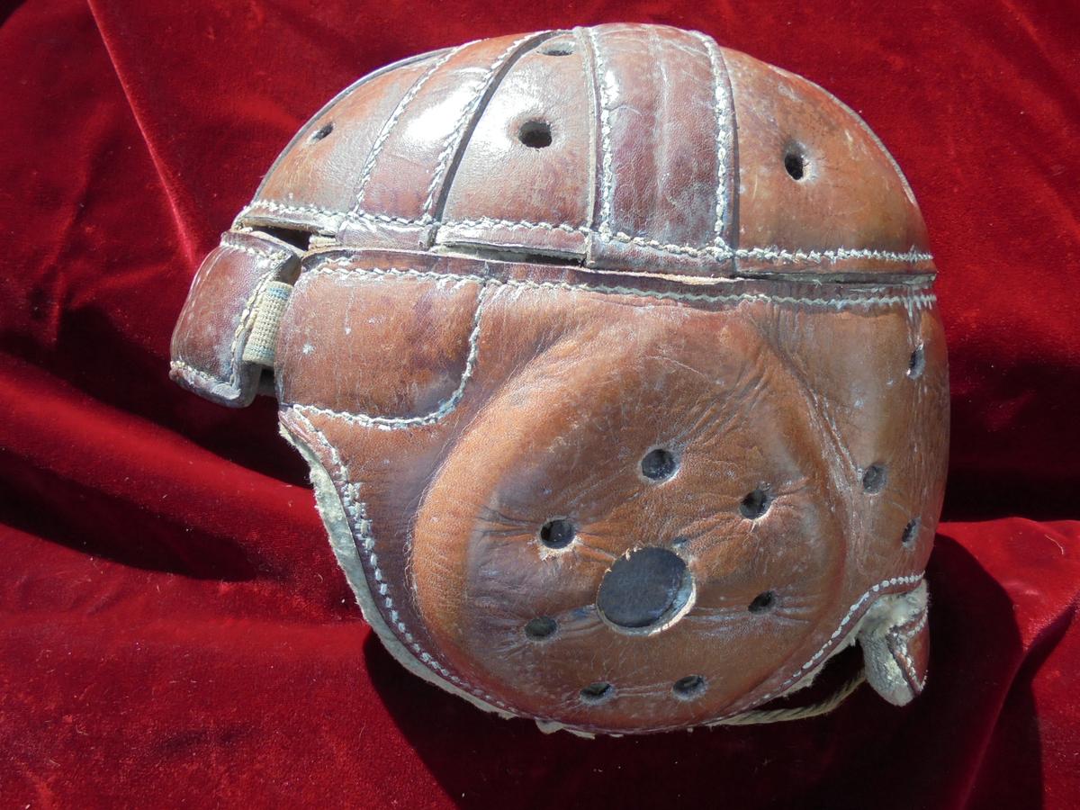 VINTAGE LEATHER FOOTBALL HELMET WITH NICE MAKERS STAMP "LOWE & CAMPBELL SPORTING'S GOODS"