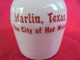 OLD STONEWARE "MINI-MONKEY JUG" FEATURING "MARLIN TEXAS" ON THE FRONT