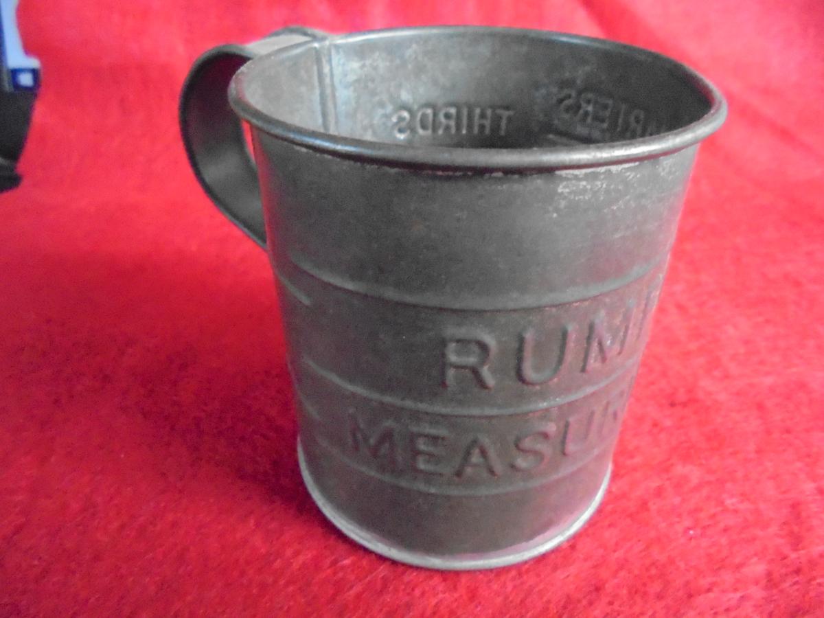 OLD TIN MEASURE CUP W/ STAMPED "RUMFORD" ADVERTISING
