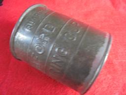 OLD TIN MEASURE CUP W/ STAMPED "RUMFORD" ADVERTISING