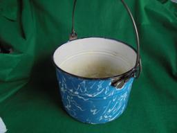 OLD BLUE & WHITE SWIRL ENAMEL WARE POT WITH BAIL HANDLE-SOME NICKS
