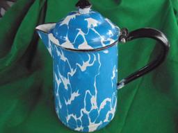 OLD BLUE & WHITE SWIRL ENAMEL COFFEE POT -10 INCHES TALL-QUITE NICE
