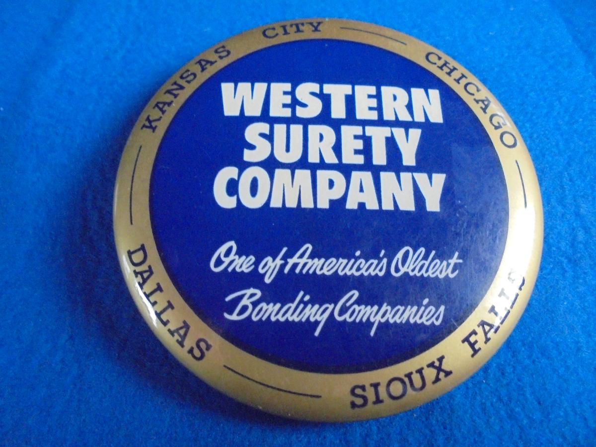 OLD 3 1/4 INCH DESK MIRROR PAPER WEIGHT W/ADVERTISING FROM "WESTERN SURETY COMPANY"