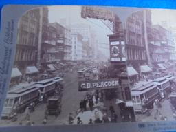 (2) EARLY STEROVIEW REAL PHOTOGRAPHS OF STREET VIEWS IN CHICAGO & ST. LOUIS-STREET CARS, PEOPLE ETC