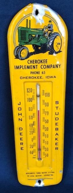 "CHEROKEE IMPLEMENT CO. - CHEROKEE, IOWA" -- JOHN DEERE ADVERTISING THERMOMETER