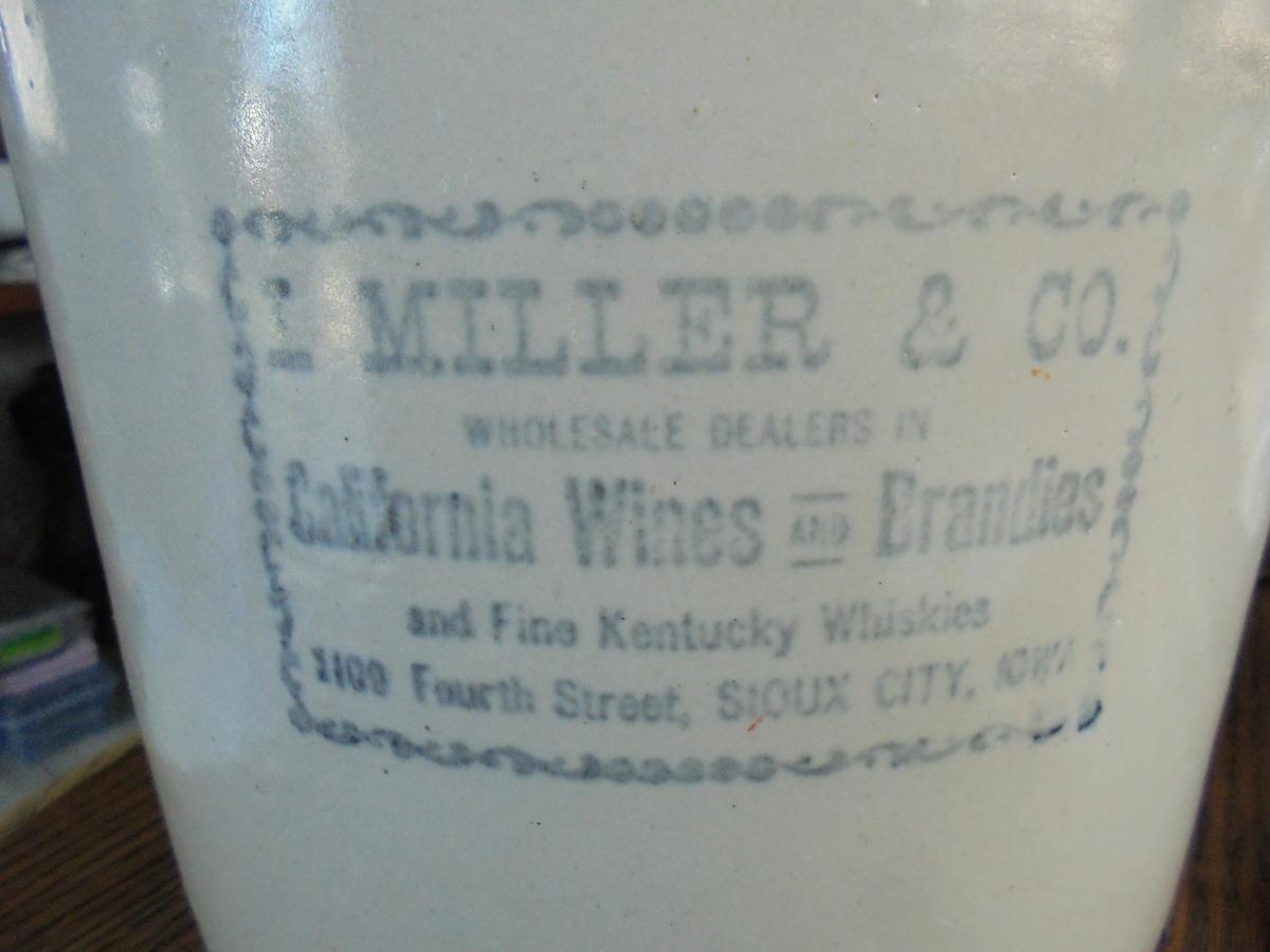 RARE "I. MILLER" & CO. CROCK JUG WITH ADVERTISING FROM SIOUX CITY IOWA-FAMOUS WINE DEALER