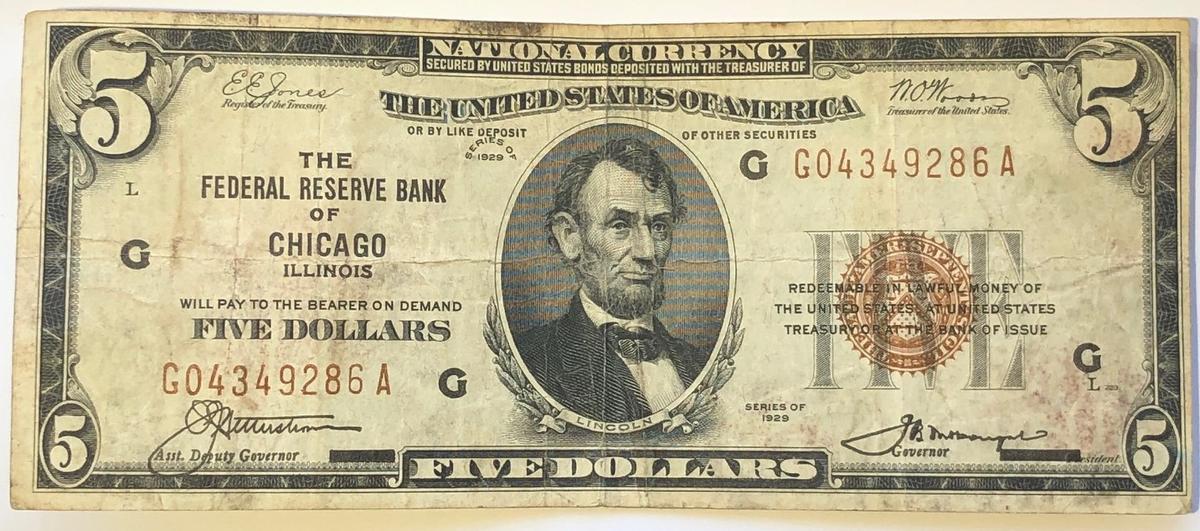 SERIES OF 1929 "FEDERAL RESERVE BANK OF CHICAGO ILLINOIS" $5 NATIONAL CURRENCY NOTE