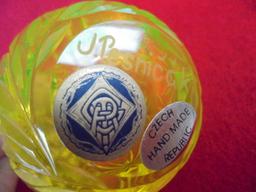 GREAT YELLOW GLASS & CLEAR GLASS TOPPER PERFUME---VERY DECO DESIGN
