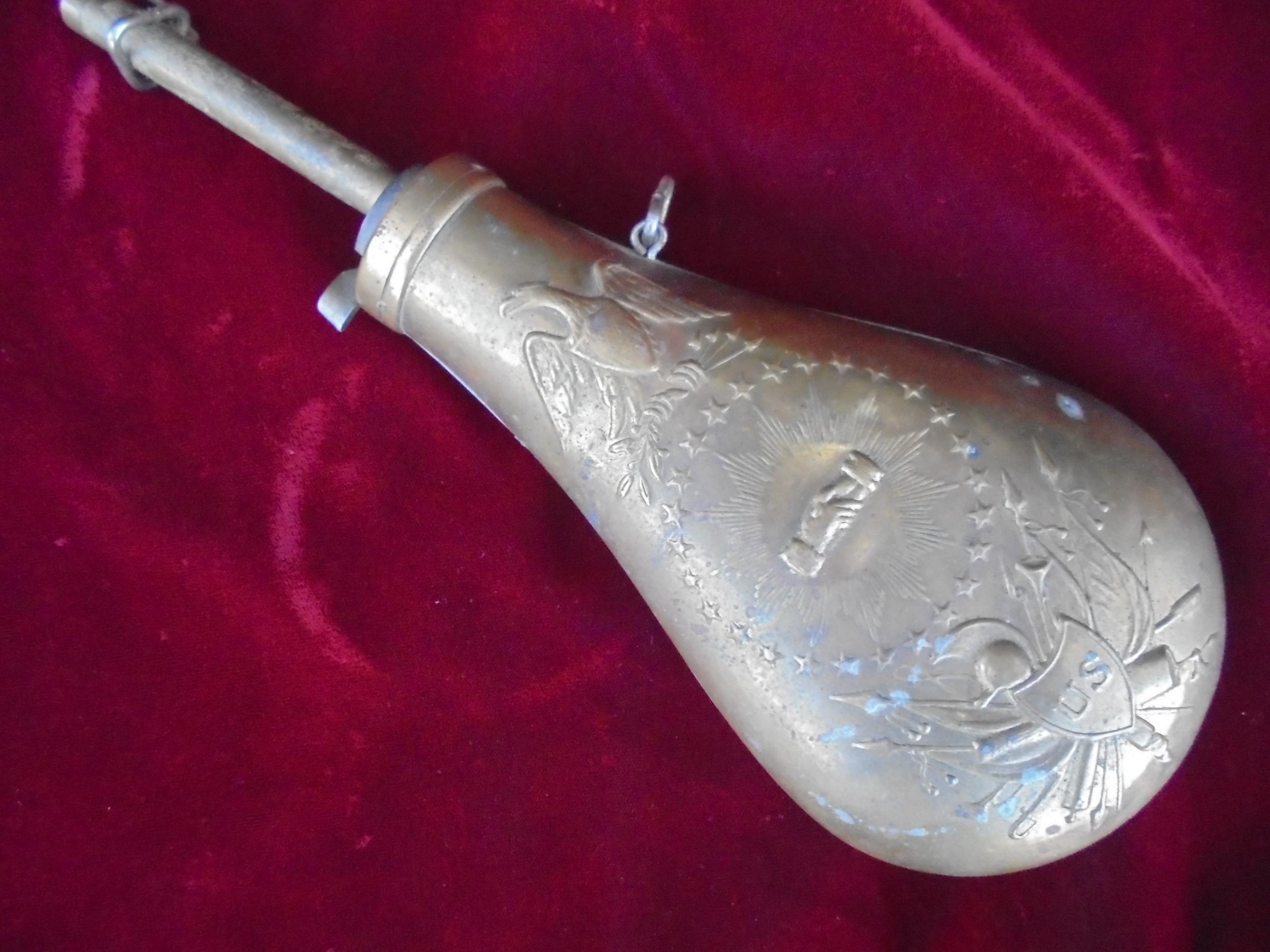 OLD BRASS POWDER HORN OR CONTAINER-WITH "PEACE HAND SHAKE" AND "US"