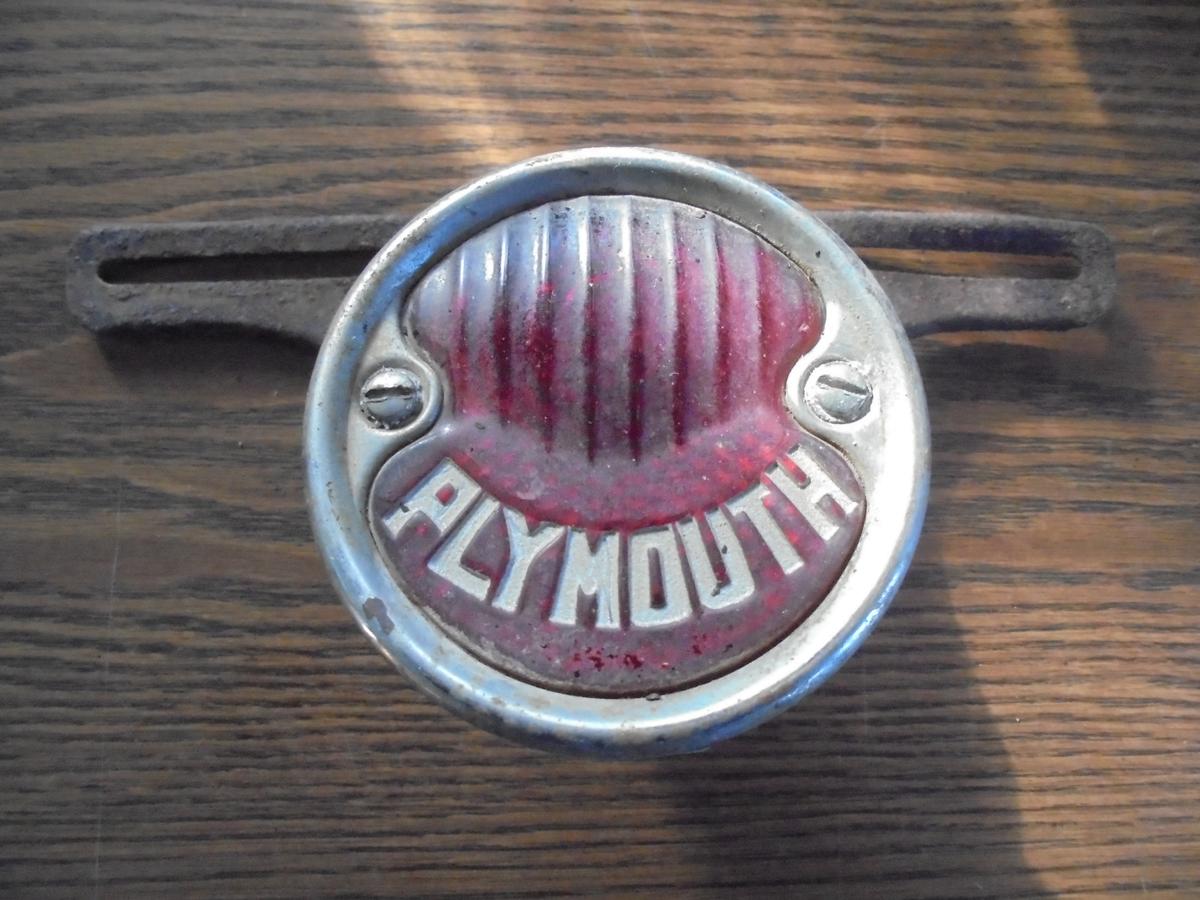 OLD PLYMOUTH AUTOMOBILE LICENSE PLATE HOLDER AND REAR LIGHT ASSY.