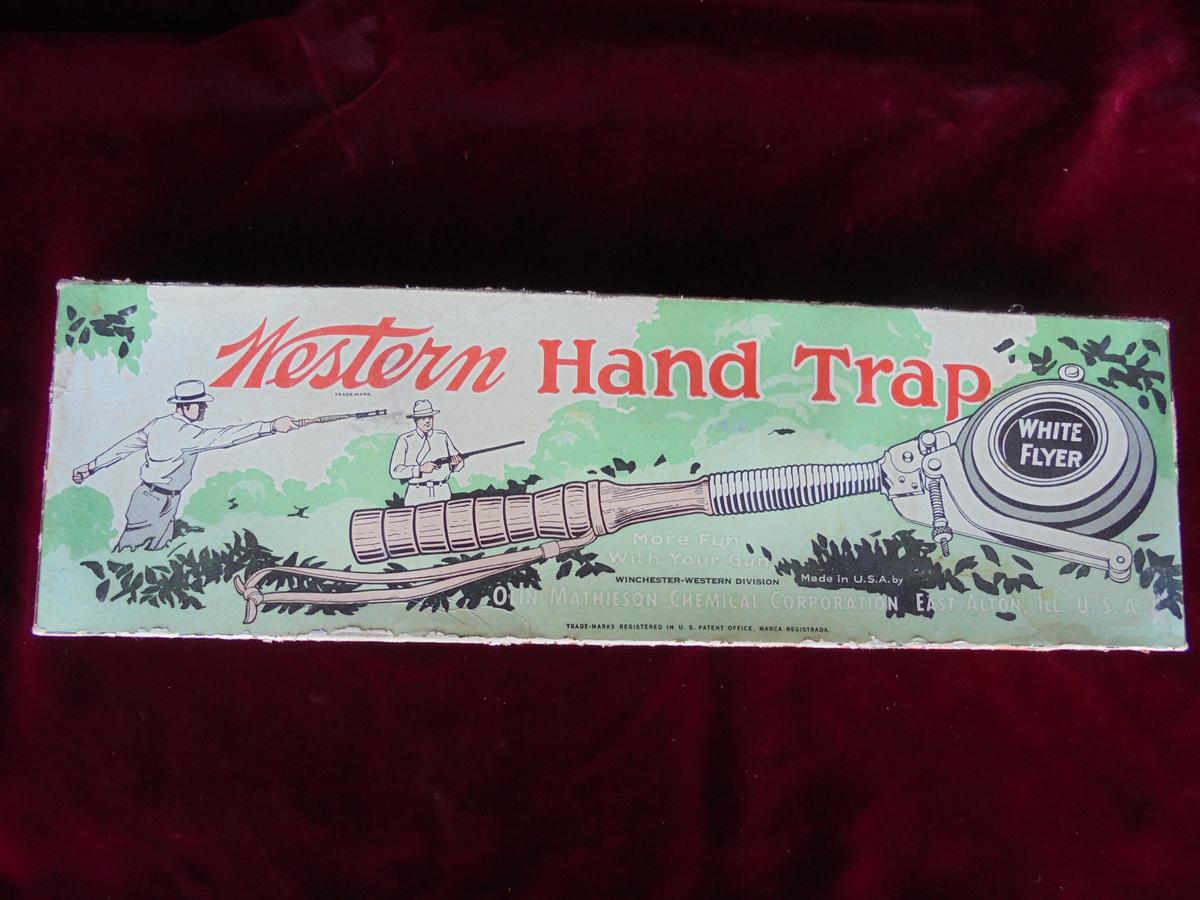 OLD WESTERN HAND TRAP IN BOX-GRAPHIC BOX-NICE ORIGINAL