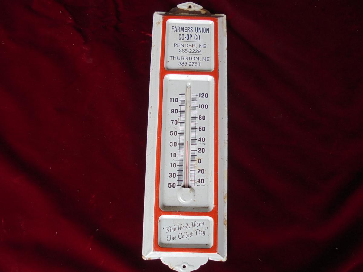 OLD ADVERTISING THERMOMETER "FARMERS UNION CO-OP" THURSTON & PENDER NEBRASKA