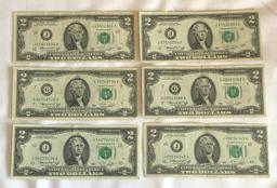 SET OF (6) SERIES 1976 $2.00 FEDERAL RESERVE NOTES