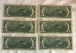 SET OF (6) SERIES 1976 $2.00 FEDERAL RESERVE NOTES