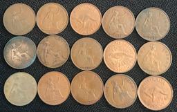 Lot of (15) Large Penny Foreign Coins