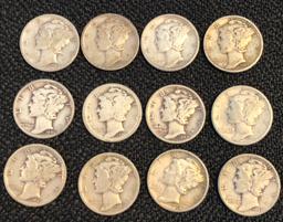 Set of (12) Mercury Silver Dimes