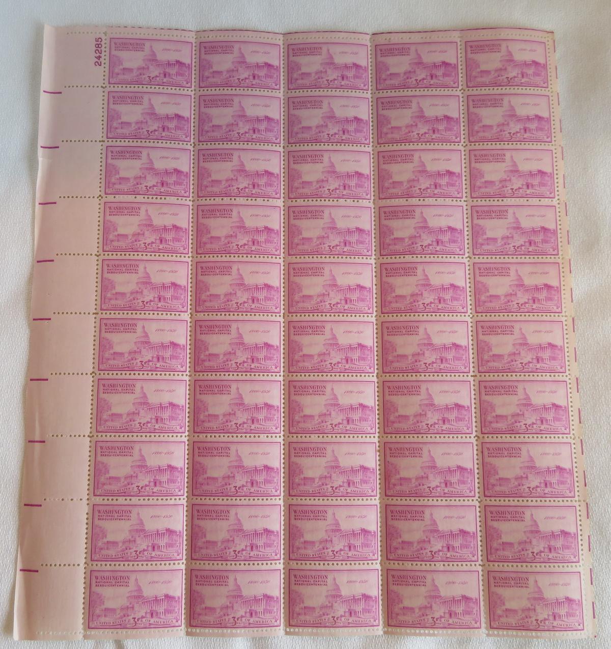 SHEET OF 3 CENT STAMPS - WASHINGTON NATIONAL CAPITAL SEQUICENTENNIAL