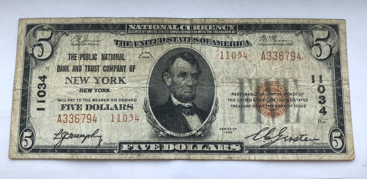 1929 $5 "The Public National Bank and Trust Company of New York" National Currency Note