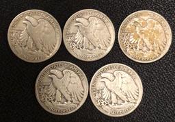 (5) Walking Liberty Half Dollars