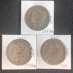 (3) Morgan Silver Dollars --- 1887-O, 1888-O, & 1889