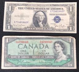 1935-D Silver Certificate & 1954 Canadian $1 Note