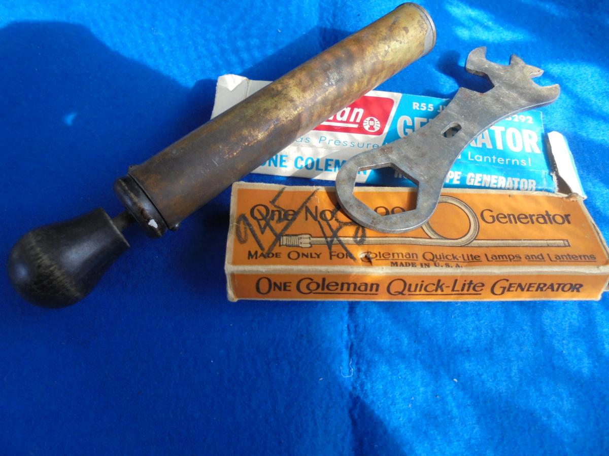 OLD COLEMAN LANTERN ITEMS-PUMP-USED GENERATOR PARTS AND WRENCH