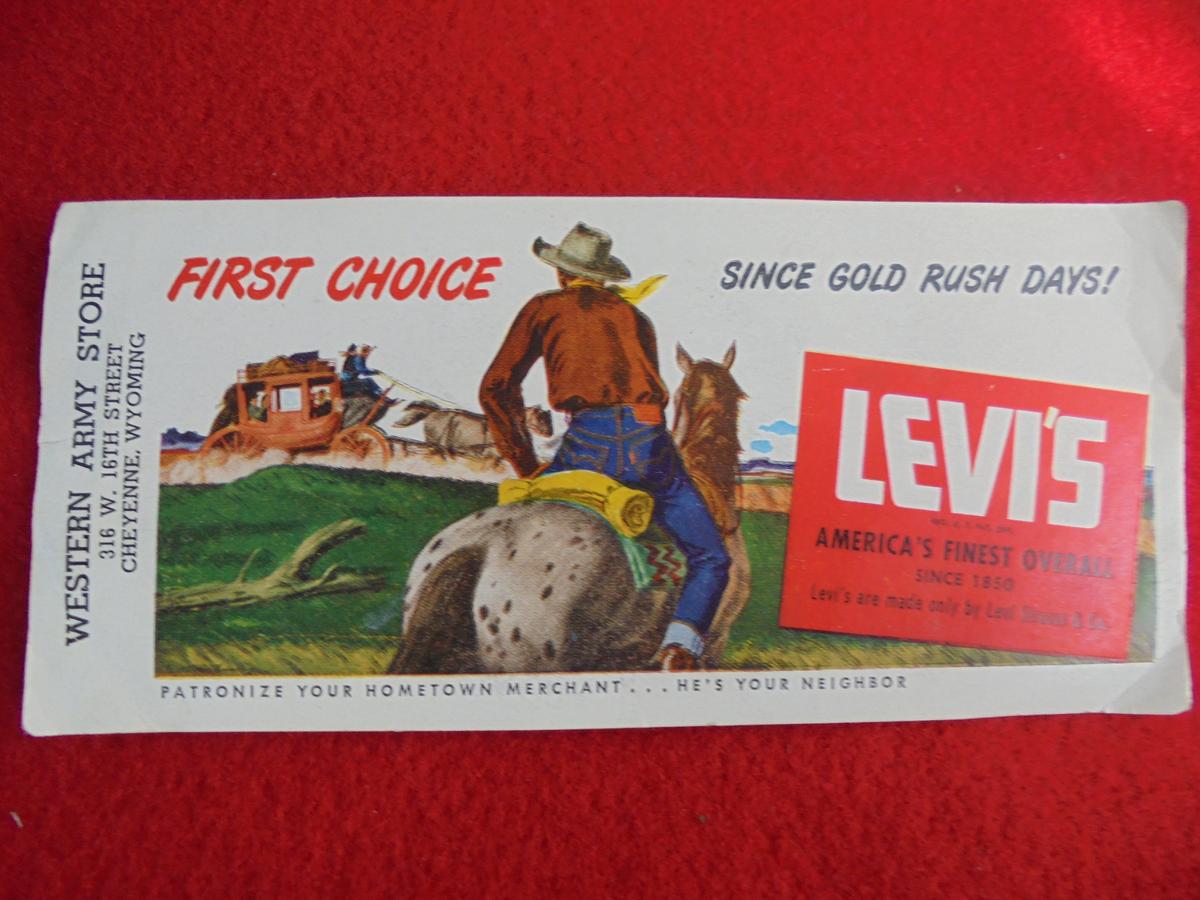 OLD ADVERTISING INK BLOTTER FROM "LEVI'S"--CHEYENNE WY STORE