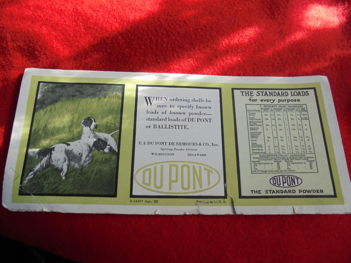 1923 ADVERTISING "DUPONT POWDER" INK BLOTTER-WITH HUNTING DOGS GRAPHICS