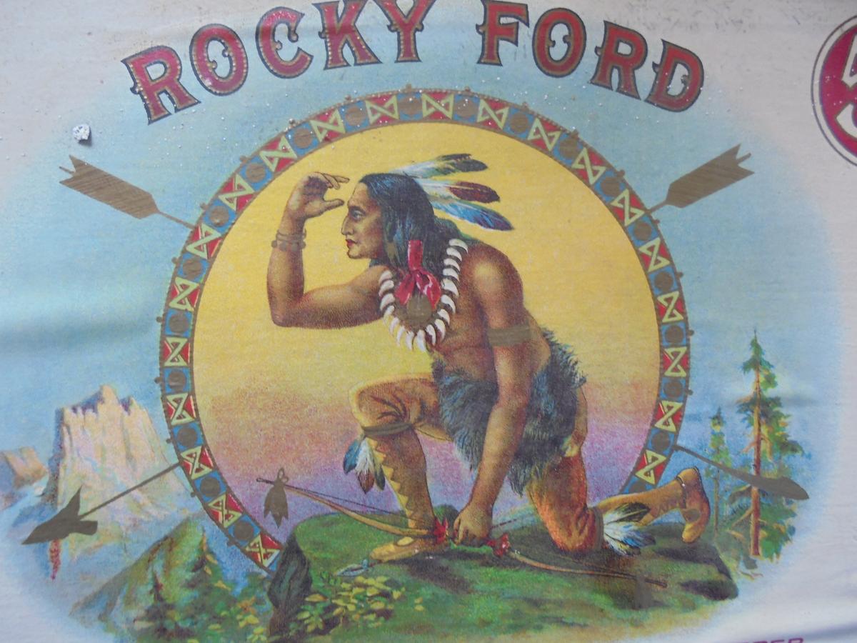 OLD "ROCKY FORD" WOOD CIGAR BOX WITH STUNNING INDIAN GRAPHICS