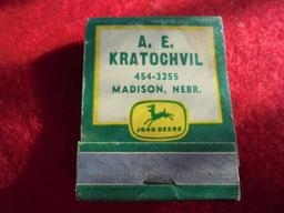 OLD 4 LEG DEERE LOGO JOHN DEERE ADV. MATCHES-"KRATOCHIVIL" MADISON NEBRASKA