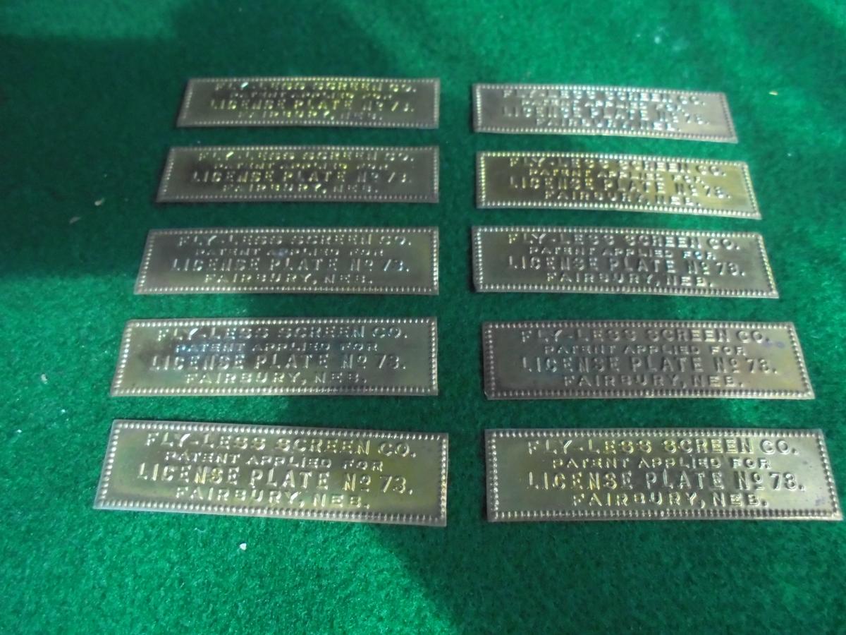 (10) OLD BRASS "FLYLESS SCREEN CO" TAGS--FAIRBURY NEBRASKA COMPANY