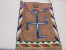 BEADED BAG WITH "US INDIAN SERVICE" BRASS BUTTON-16 INCHES WITH LEATHER STRIPS